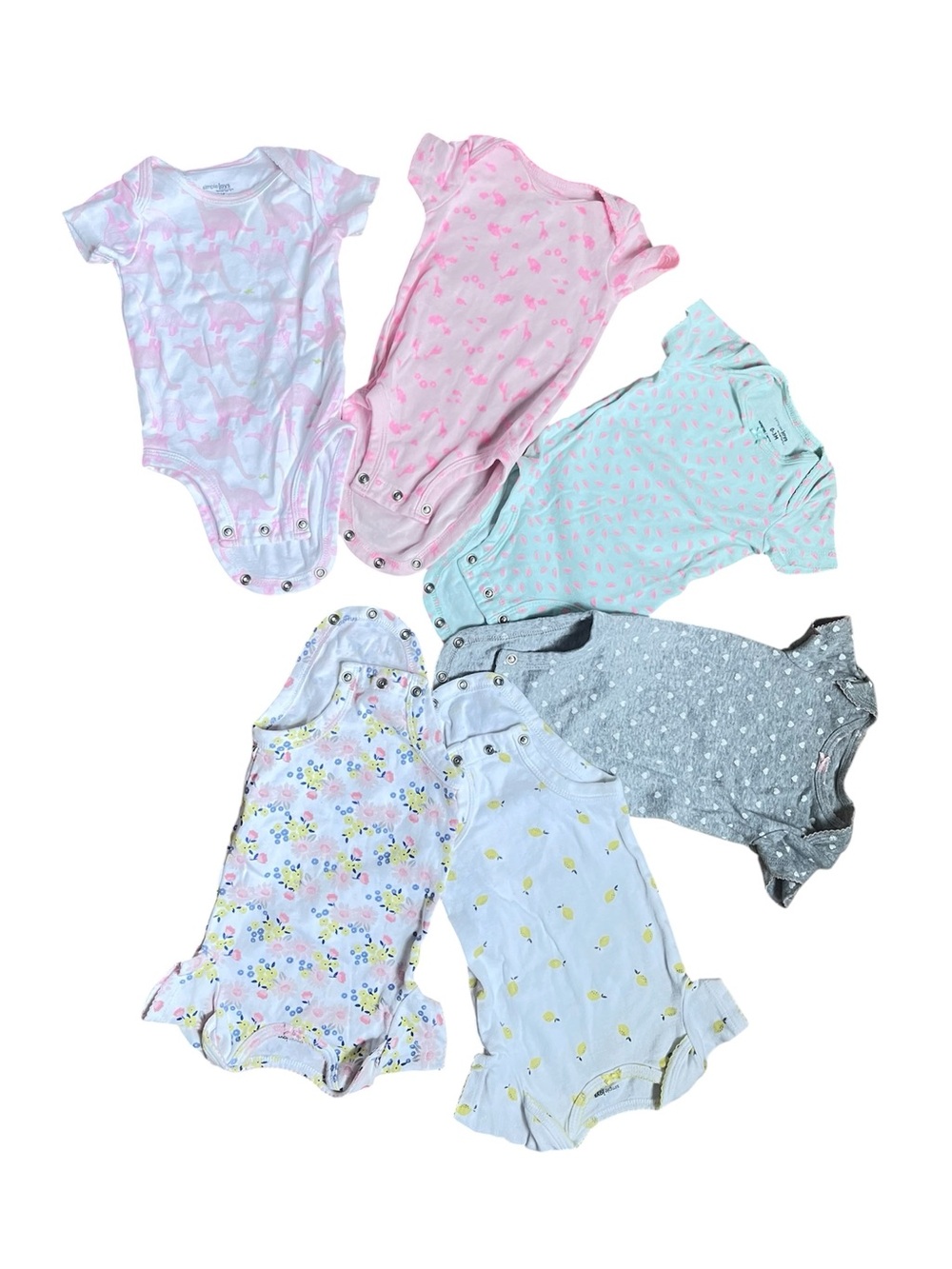 6-Pack Baby Onesies - Pastel Pink, Mint, Gray, White, Floral
